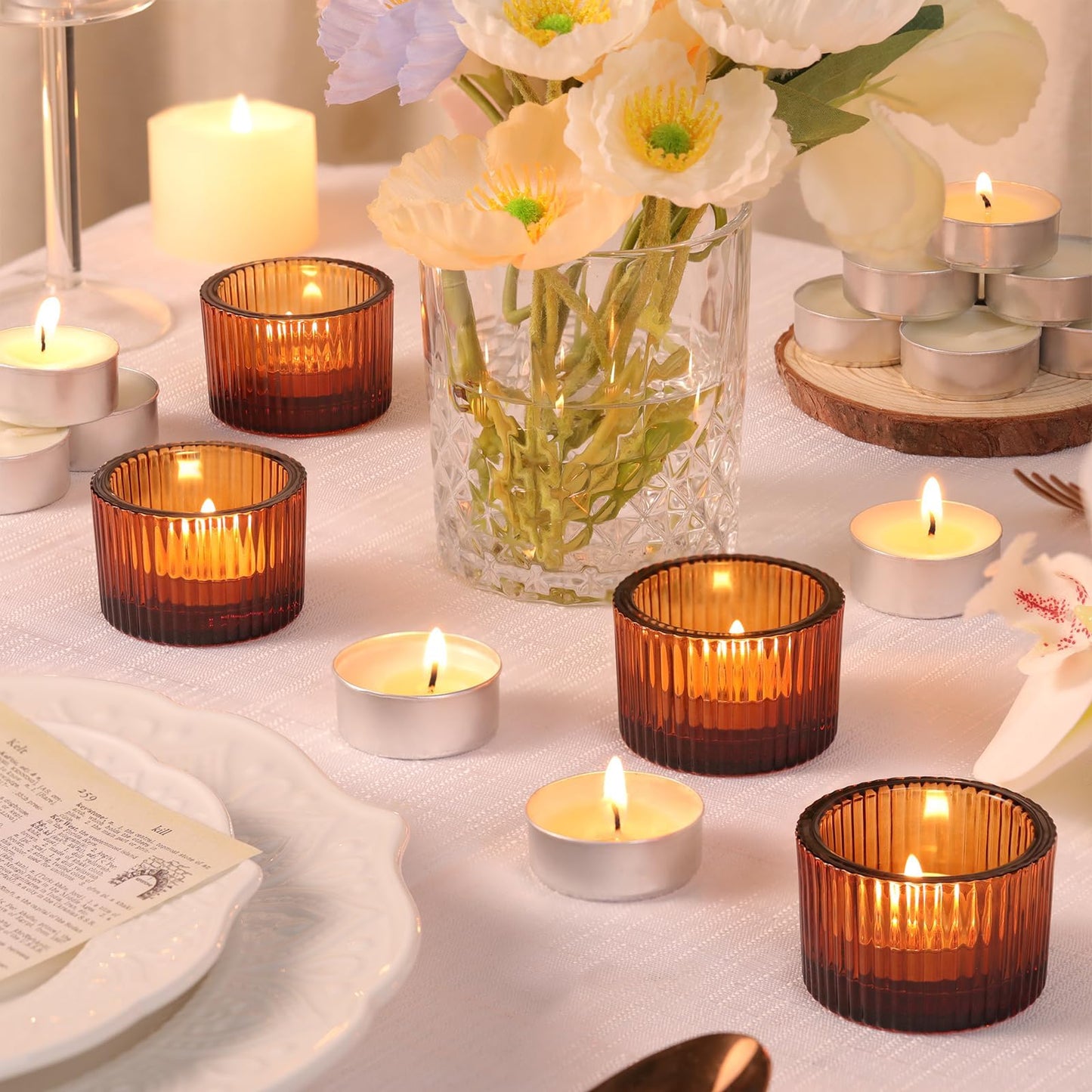 HAVITI 18 Pcs Amber Tealight Candle Holders with 18PCS Tealights, Glass Votive Candle Holders Set for Table Centerpiece, Home Decor and Party Supplies