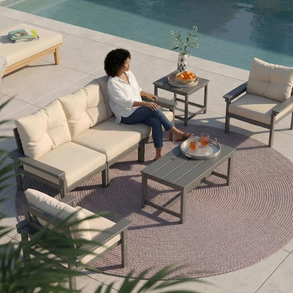 HDPE Outdoor Patio Furniture Set, 7-Piece Patio Conversation Sets with Coffee Table & Side Table & Beige Washable Thick Cushions, Outdoor Sofa for Balcony, Porch (Grey Frame)