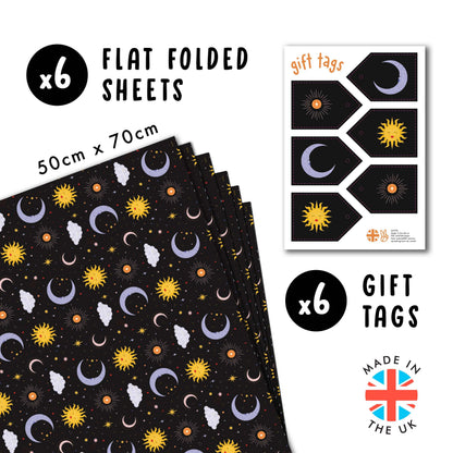 CENTRAL 23 Black Celestial Gift Wrap - 6 Sheets With Moons, Suns & Stars Galaxy - Birthday Wrapping Paper For Teens, Adults & Astrology Lovers - Christmas Holidays, Halloween - Recyclable