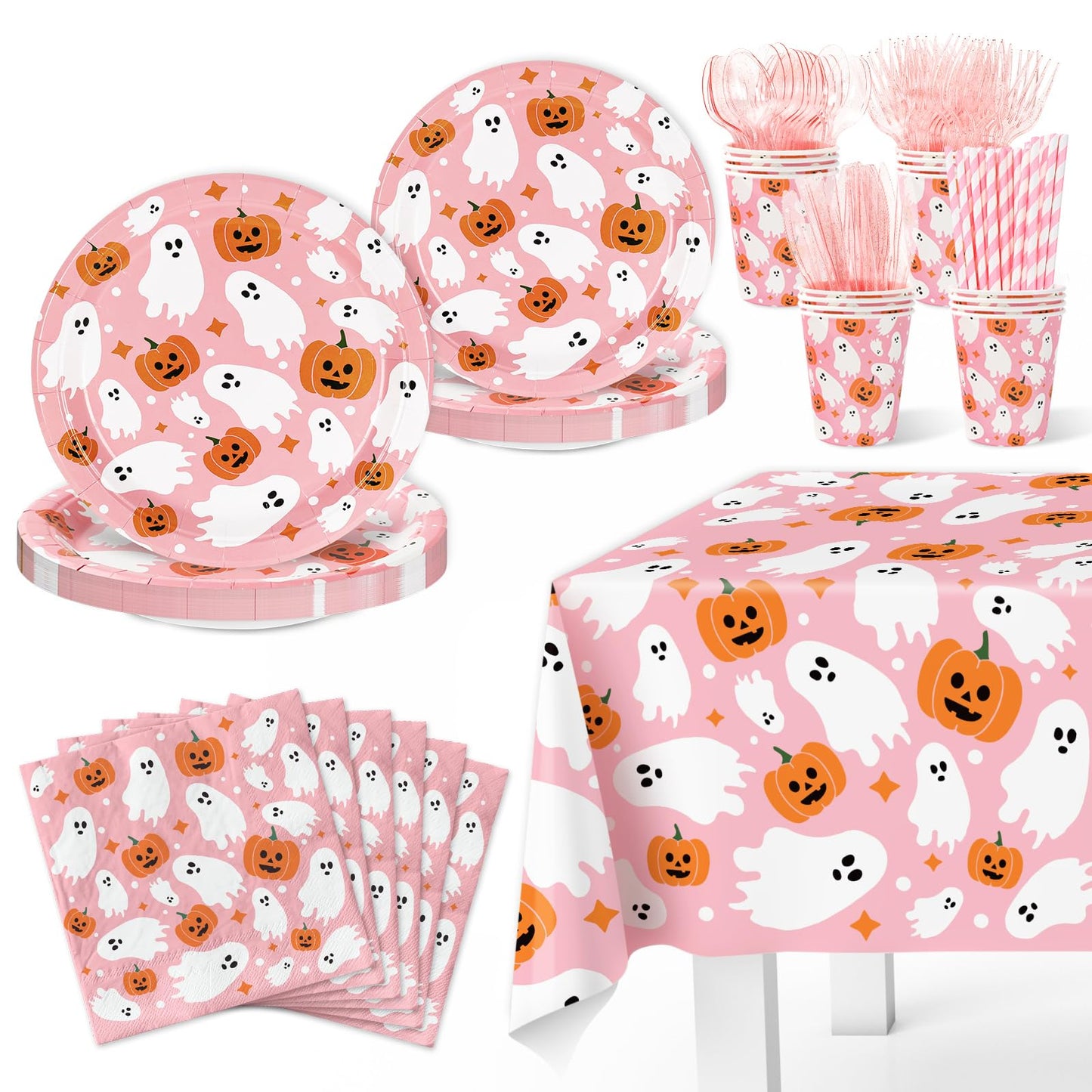 JarThenaAMCS Halloween Tableware Sets Serves 25 Guests Pink Ghost Pumpkin Plates Napkins Cups Fork Knife Spoon Straw Tablecloth Disposable Dinnerware for Birthday Baby Shower Party Supplies