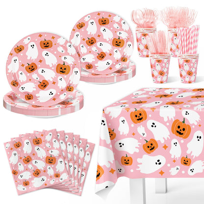 JarThenaAMCS Halloween Tableware Sets Serves 25 Guests Pink Ghost Pumpkin Plates Napkins Cups Fork Knife Spoon Straw Tablecloth Disposable Dinnerware for Birthday Baby Shower Party Supplies