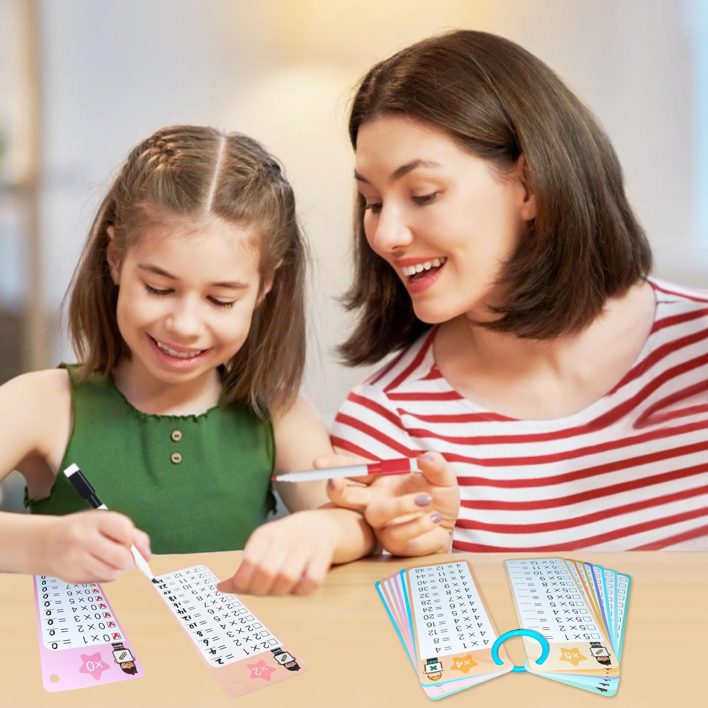1-12 Math Flash Cards, 60Pack Large Math Addition Subtraction Multiplication Division Table Flashcards Chart, with 60 Cards, 8 Dry Erase Markers, 4 Rings, Educational Learning for Classroom Home
