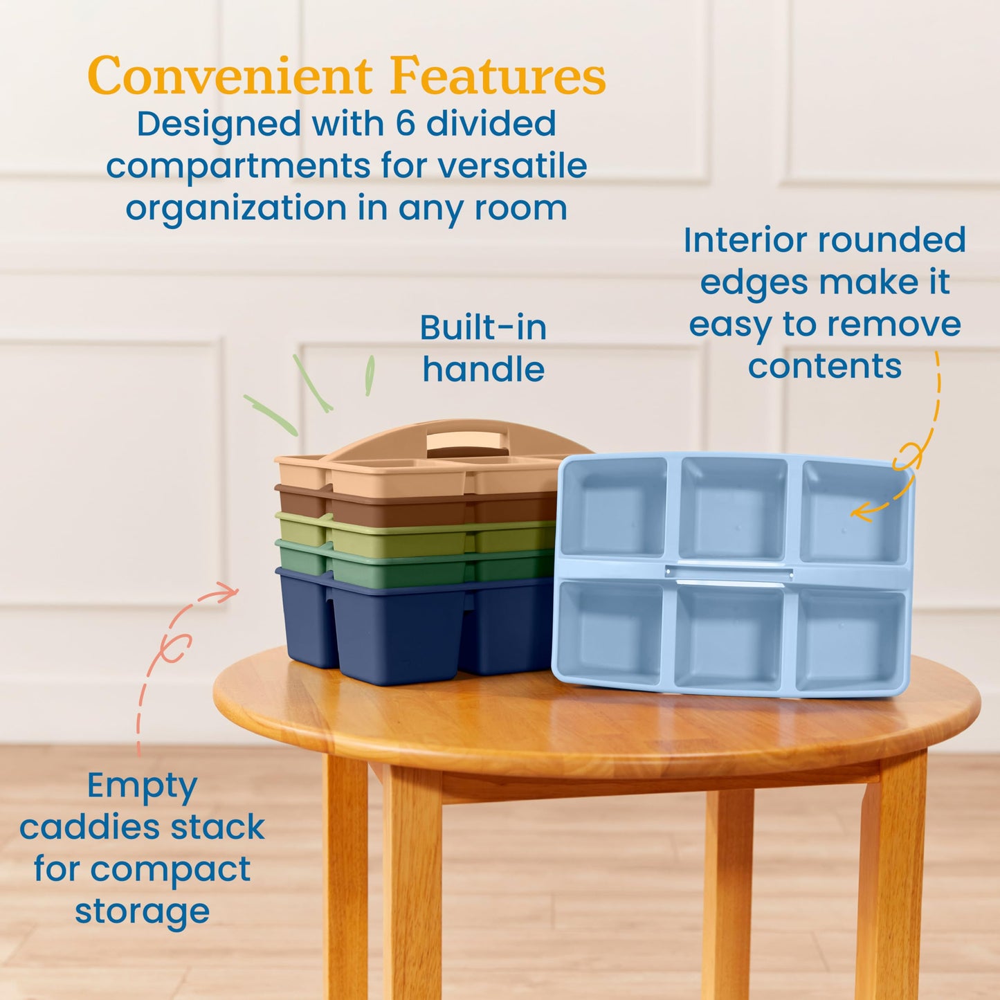 ECR4Kids 6-Compartment Large Plastic Caddy, Multipurpose Organization, Earthtone, 6-Pack