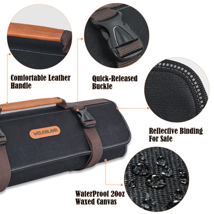WELKINLAND 18-Pockets Waxed Canvas Tool Roll, Heavy-Duty tool bag roll, Waterproof tool roll up bag, 17" Canvas tool roll, Screwdriver roll up bag