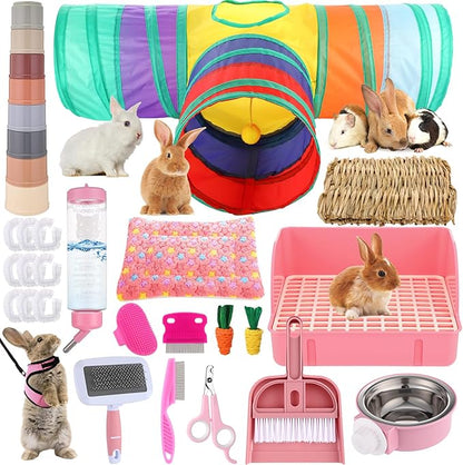 34 Pcs Rabbit Starter Kit Rabbit Litter Box Small Animal Water Bottle Stacking Cups Bunny Tunnels Animal Grooming Kit Bowl Blanket with Cleaning Set for Guinea Pig Bunny Accessories (Pink)
