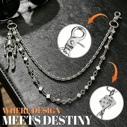 Skull Wallet Chain with 3D Dice Links for Men Women - 2 Layer Punk Pants Chain with Gothic Metal Ornament, Heavy Duty Biker Jean Chain Grunge Belt Loop Accessories for Eboy Egirl Streetwear(Silver)