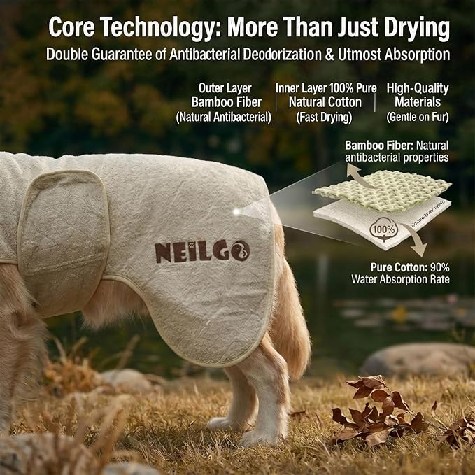 Fast Drying Double-Layer Dog Robe, 720g Heavyweight Dog Bathrobe, Super Absorbent Dog Towels for Drying Large Dogs, Bamboo Cotton Warm Dog Pajamas, Light Green