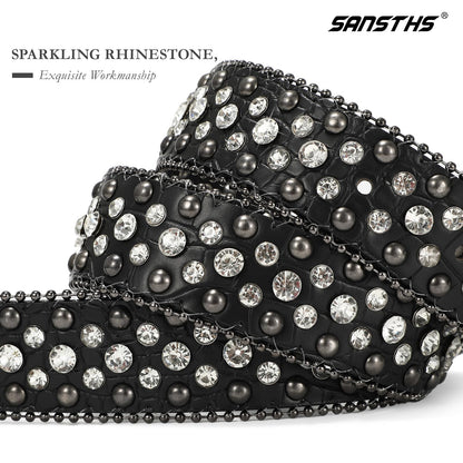 SANSTHS Women Rhinestone Belt for Jeans, Western Cowgirl Bling Studded Belt Faux Crocodile Grain Leather, Black L