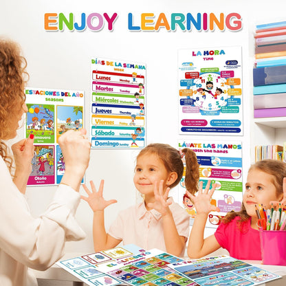 EggSun 16 Pcs Bilingual Learning Posters for School Classroom Decorations, 11 x 16in Poster Charts for Teachers Primary Middle High School Supplies Education Classroom Bulletin Board Wall Decor