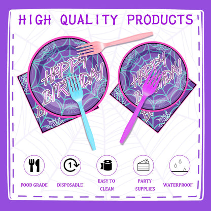FoldTier 24 Set Spider Birthday Supplies and Decorations Spiderweb Party Plates and Napkins Spider Tablecloth and Banner for Halloween Christmas Party Favor(1 Tablecloth,Purple Happy Birthday)