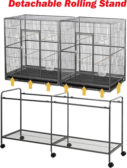 64" Extra Large Double Flight Bird Wrought Iron Double Cage Slide Out Center Divider Side Nesting Box Door Parrot Cage Cockatiel Conure with Removable Rolling Stand Storage Shelf