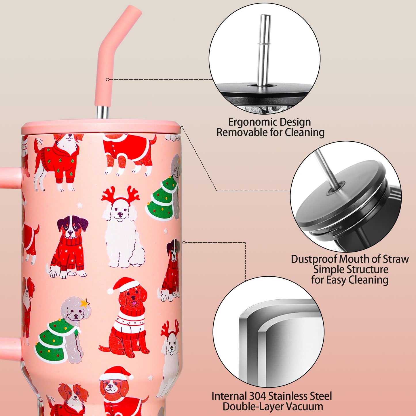 OEUFSEEE Christmas Dog Tumbler with Straw and Lid Vacuum Insulated 40oz Stainless Steel Puppy Cup Gifts for Women Xmas Present Skinny Water Bottle Coffee Cup for Home or Travel