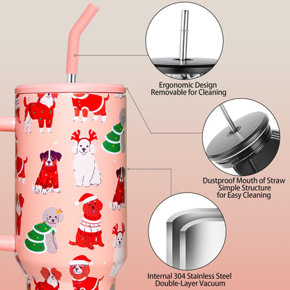 OEUFSEEE Christmas Dog Tumbler with Straw and Lid Vacuum Insulated 40oz Stainless Steel Puppy Cup Gifts for Women Xmas Present Skinny Water Bottle Coffee Cup for Home or Travel