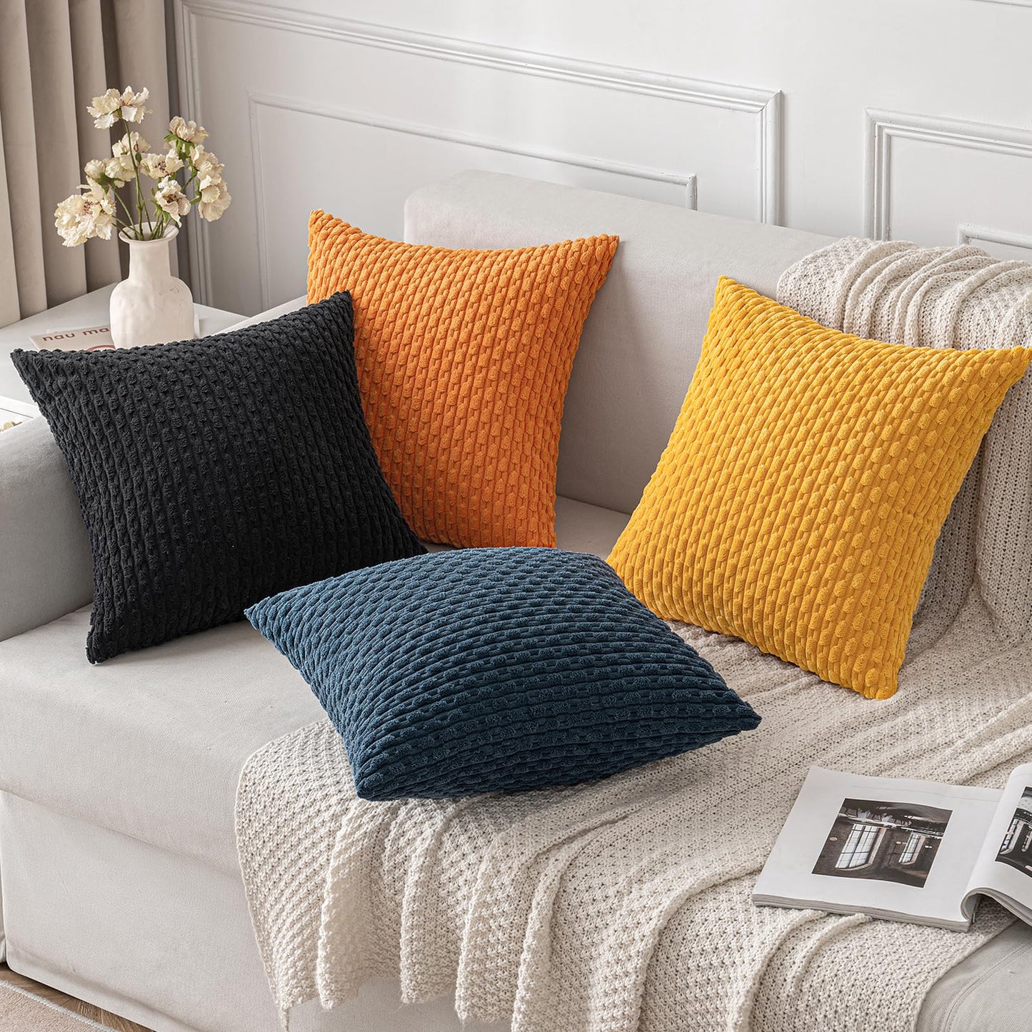 MIULEE Orange Throw Pillow Covers Soft Corduroy Decorative Set of 2 Boho Striped Pillow Covers Pillowcases Farmhouse Home Decor for Halloween Couch Bed Sofa Living Room 20x20 Inch