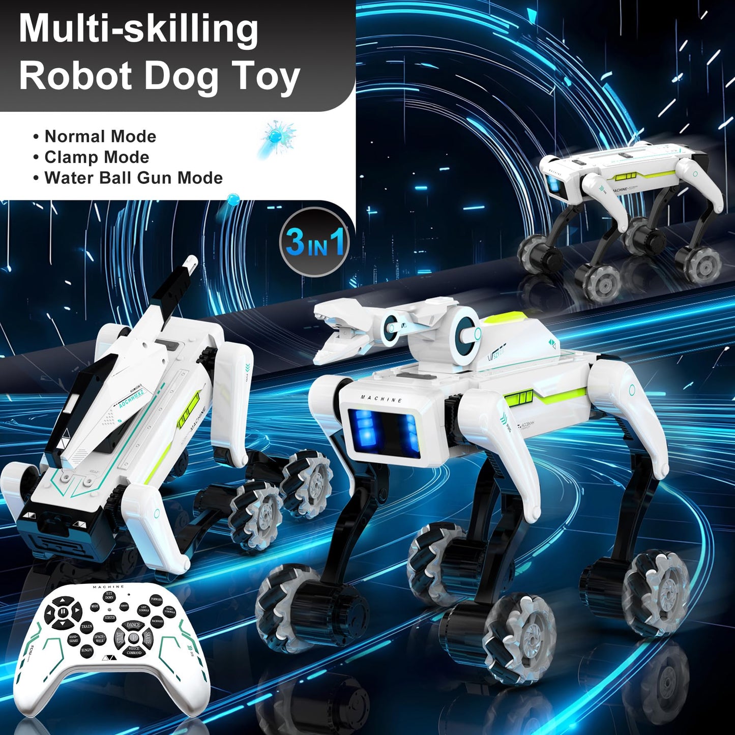 EVADA 3 in 1 Robot Dog with Wheels Kit, 30+ Bionic Actions, Voice & Remote Control, Programmable Moves, Rechargeable Battery, All-Terrain Stunt Pet Toy for Kids (Removable Claw & Cannon)