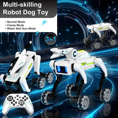 EVADA 3 in 1 Robot Dog with Wheels Kit, 30+ Bionic Actions, Voice & Remote Control, Programmable Moves, Rechargeable Battery, All-Terrain Stunt Pet Toy for Kids (Removable Claw & Cannon)