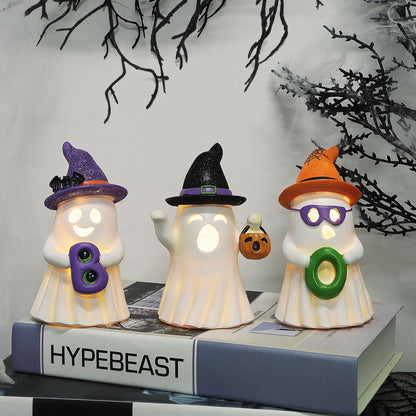 Lulu Home 3 Packs Halloween Tabletop Ornaments, 5.5" H Light Up Resin Ghosts Wearing Glittered Witch Hats, Boo Ghost Figurines for Indoor Fireplace Kitchen Shelf Holiday Decorations