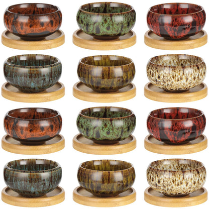 OMISTAR 12 PCS Mini Ceramic Succulent Pots 2.5 in, Colorful Glazed Planters with Drainage Hole, Small Round Flower Pots with Bamboo Trays, Indoor Desktop Windowsill Plant Pot Set