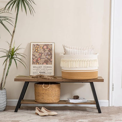 KAKAMAY Large Blanket Basket (20"x13"),Woven Baskets for storage Baby Laundry Hamper, Cotton Rope Blanket Basket for Living Room, Laundry, Nursery, Pillows, Baby Toy chest (White Fringe)