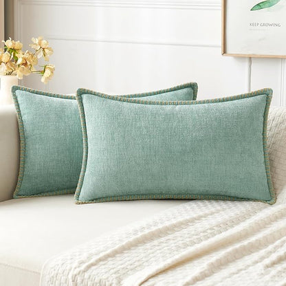 MIULEE Pack of 2 Lumbar Summer Throw Pillow Covers 12x20 Inch Aqua Green Farmhouse Decorative Pillow Covers with Stitched Edge Soft Chenille Solid Dyed Pillow Covers for Couch Sofa Bed Living Room