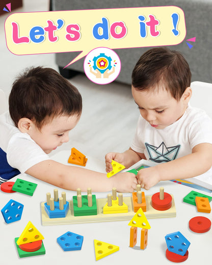 kecristv Montessori Toys for 1 2 Year Old Girl and Boy Birthday Gifts, Shape Sorter Wooden Toys for Toddlers Age 1-3 2-4, Learning Educational Sensory Stacking Toy Toddler Puzzles