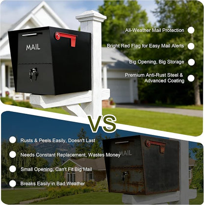 XL Post-Mount Mailbox, Weather Resistant, Large Outdoor Mailboxes, Galvanized Steel Heavy Duty Mailbox, Easy to Install, Flag Included, Anti-Theft Locking Mailbox with 2 Keys