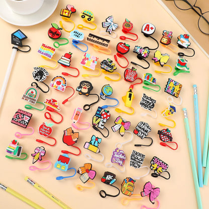 Willinglong 50 Pcs Teachers Appreciation Gifts for Women Bulk Straw Topper Cover Cap 10 mm Back to School Teachers Gift for Tumbler Cups Reusable PVC Thank You for Nurse Party Firrst Day of School