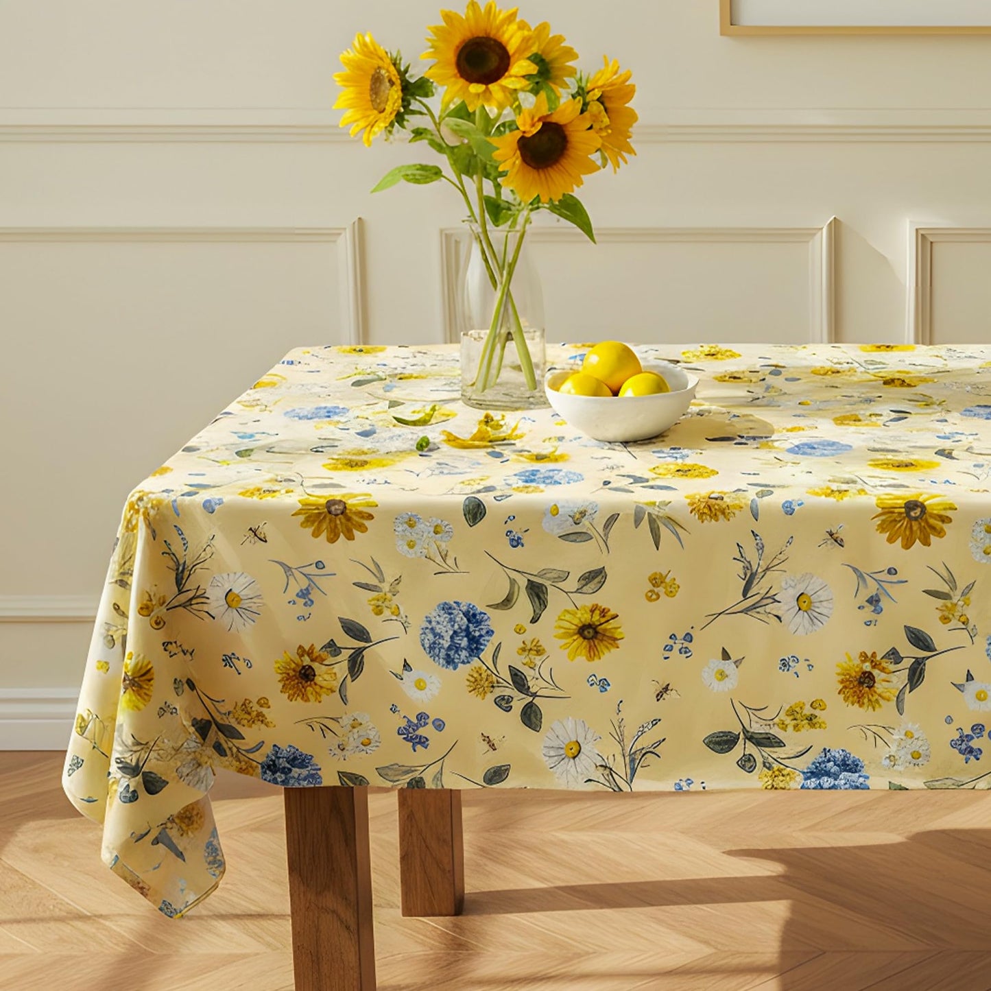 LOSIVISHE Spring Floral Tablecloth Waterproof Yellow Table Cover with Sunflowers, Hydrangeas & Daisies – Waterproof Fabric Table Cloth for Dining Room, Kitchen, Party & Outdoor Decor, W60 x L102 in