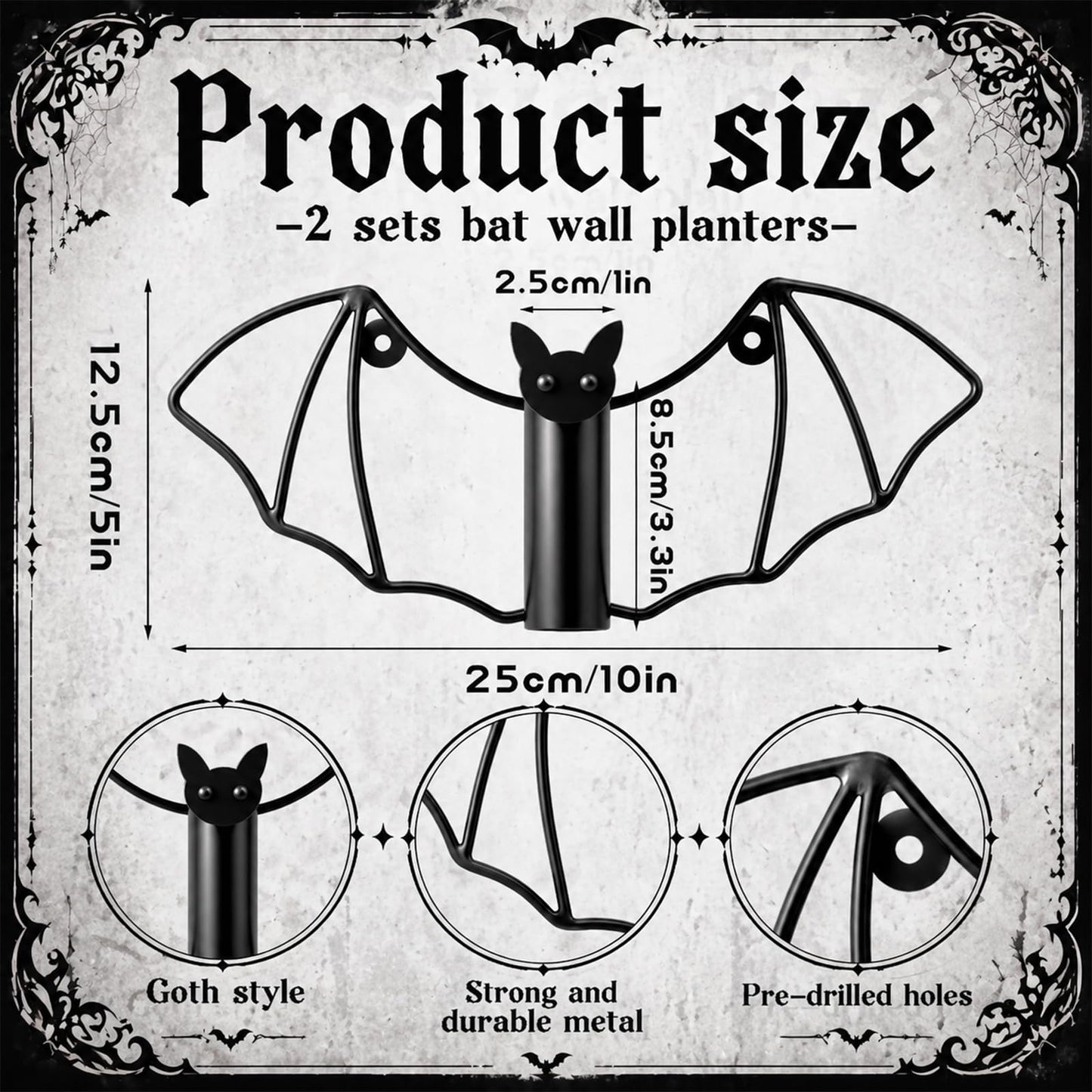 Hushee 2 Pack Gothic Bat Wall Hanging Planter, Gothic Home Decor, Metal Wall Mounted Flower Black Vase Set for Indoor Outdoor Plants Halloween Bat Shape Walls Vase for Dried Flowers Greenery Display