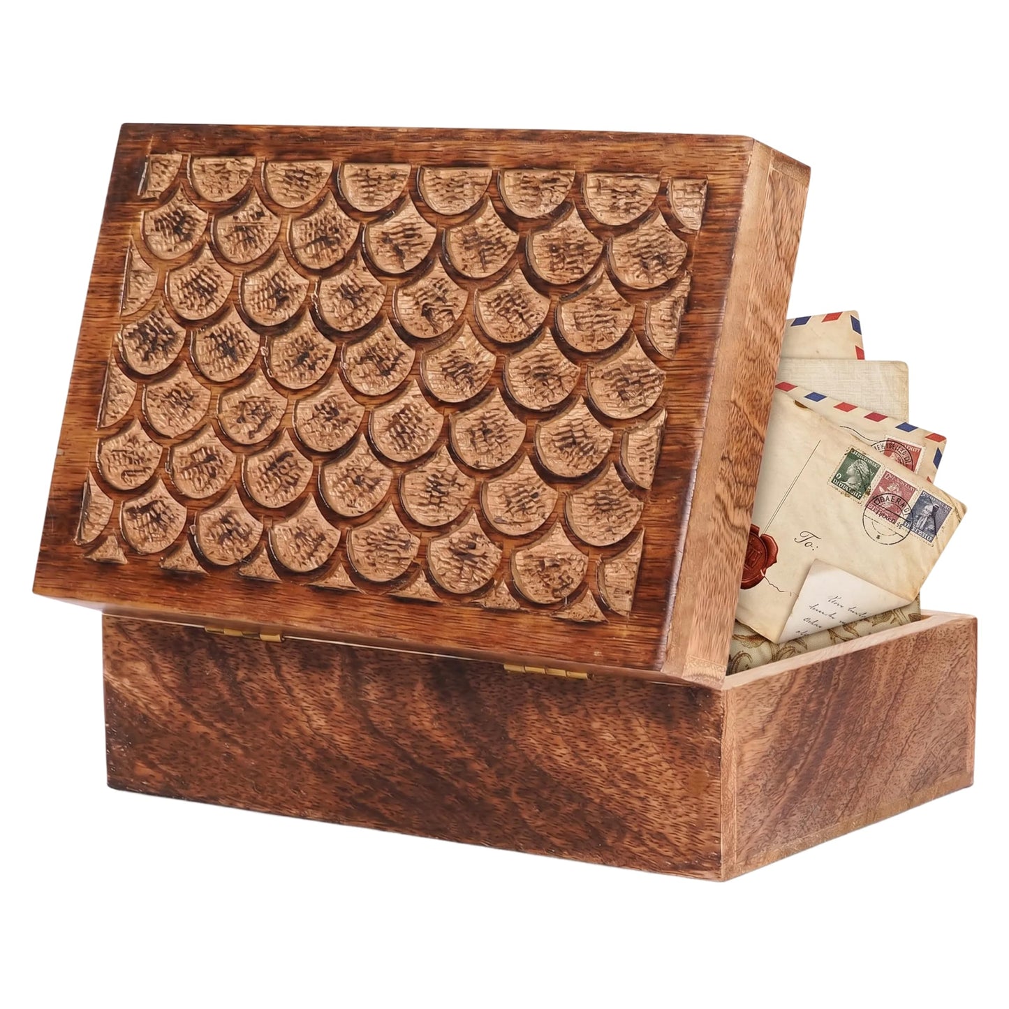 Mela Artisans 10.5” x 7.5” x 4” Mango Wood Box with Lid – Carved Scallop Medium Burnt – Handcrafted Wooden Keepsake Box – Extra Large Decorative Storage for Jewelry, Memory & Home Décor Accents