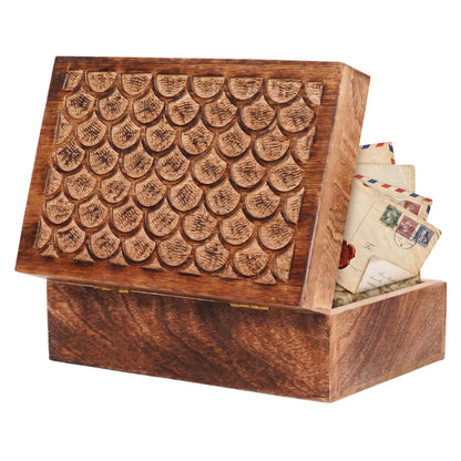 Mela Artisans 10.5” x 7.5” x 4” Mango Wood Box with Lid – Carved Scallop Medium Burnt – Handcrafted Wooden Keepsake Box – Extra Large Decorative Storage for Jewelry, Memory & Home Décor Accents