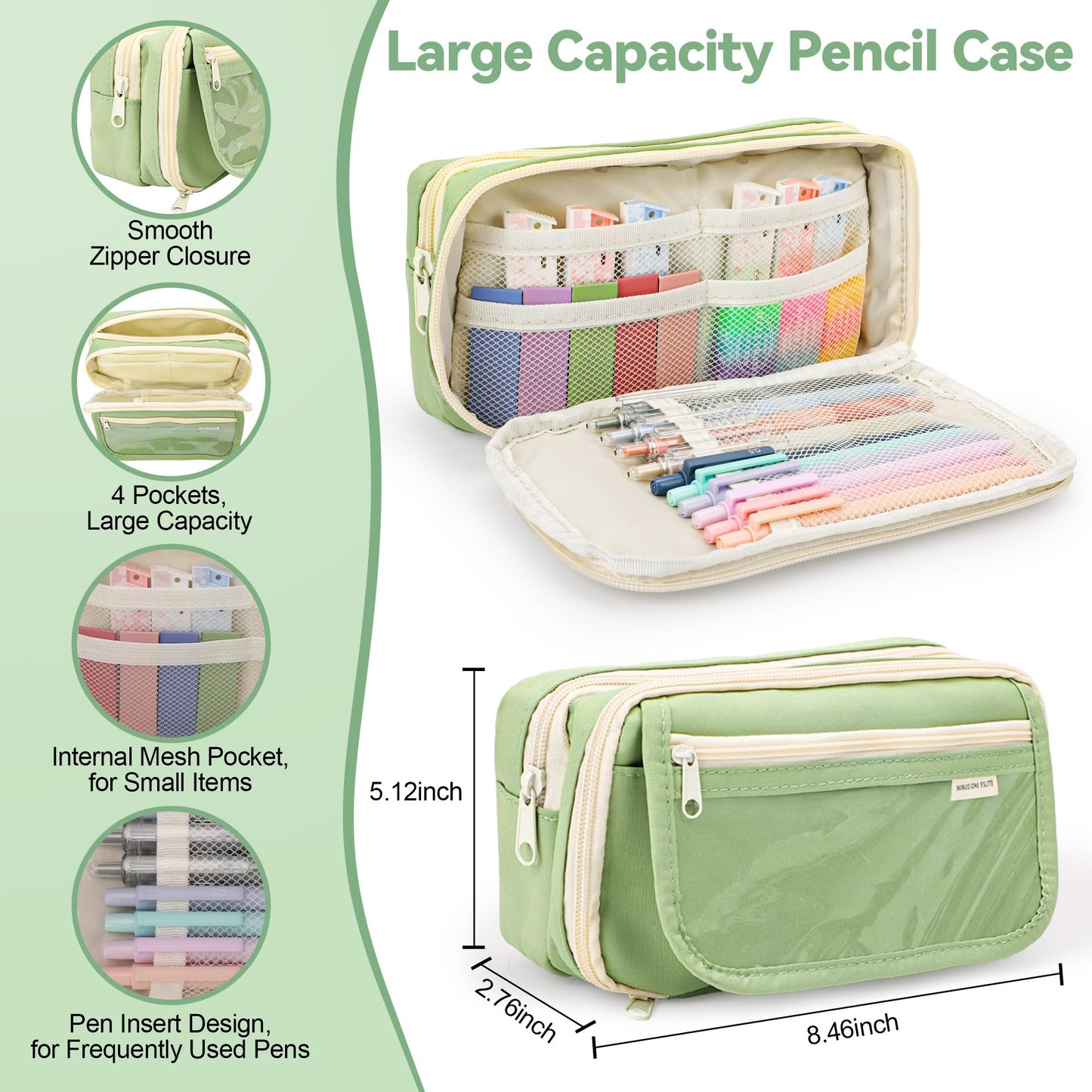 DazSpirit 61 PCS Aesthetic School Supplies with Cute Pencil Case, Pastel No Bleed Highlighters, Gel & Erasable Pens, Mechanical Pencils, Refills, Complete Essentials Stationery Kit for Students, Green