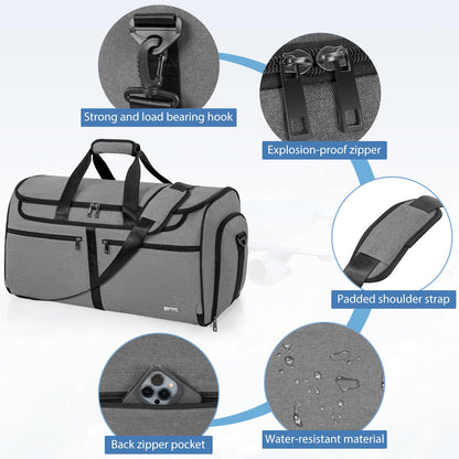 IBVIVIC Convertible Garment Bags for Travel, 2-in-1 Carry On Garment Duffle Bag With Shoe Compartment for Women Men, 50L Hanging Suitcase Suit Travel Bags with Shoulder Strap, Grey