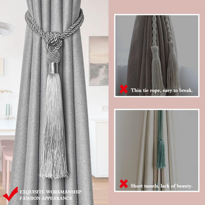 NICEEC 4 Pack Long Tassel Curtain Tiebacks Handmade Braided Rope Knot Drape Tie Backs European Style Decorative Curtain Holdbacks for Home & Office Window Drapery (Grey)