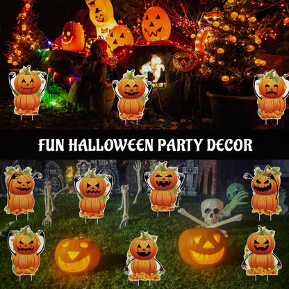 DECEED 10 PCS Halloween Pumpkin Yard Signs with Stakes, Waterproof Pumpkin Ghost Lawn Signs, Trick or Treat Party Garden Outdoor Decorations, 10 Cute Scary Styles