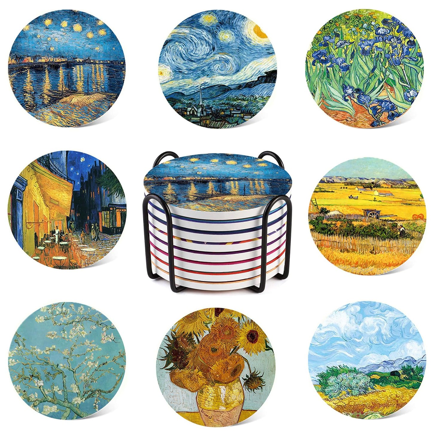 Heideryafei 4 Inch Round Marble Coasters, Van Gogh Art Painting Style Beverage Coasters with Storage Rack 8-Piece Set