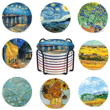 Heideryafei 4 Inch Round Marble Coasters, Van Gogh Art Painting Style Beverage Coasters with Storage Rack 8-Piece Set