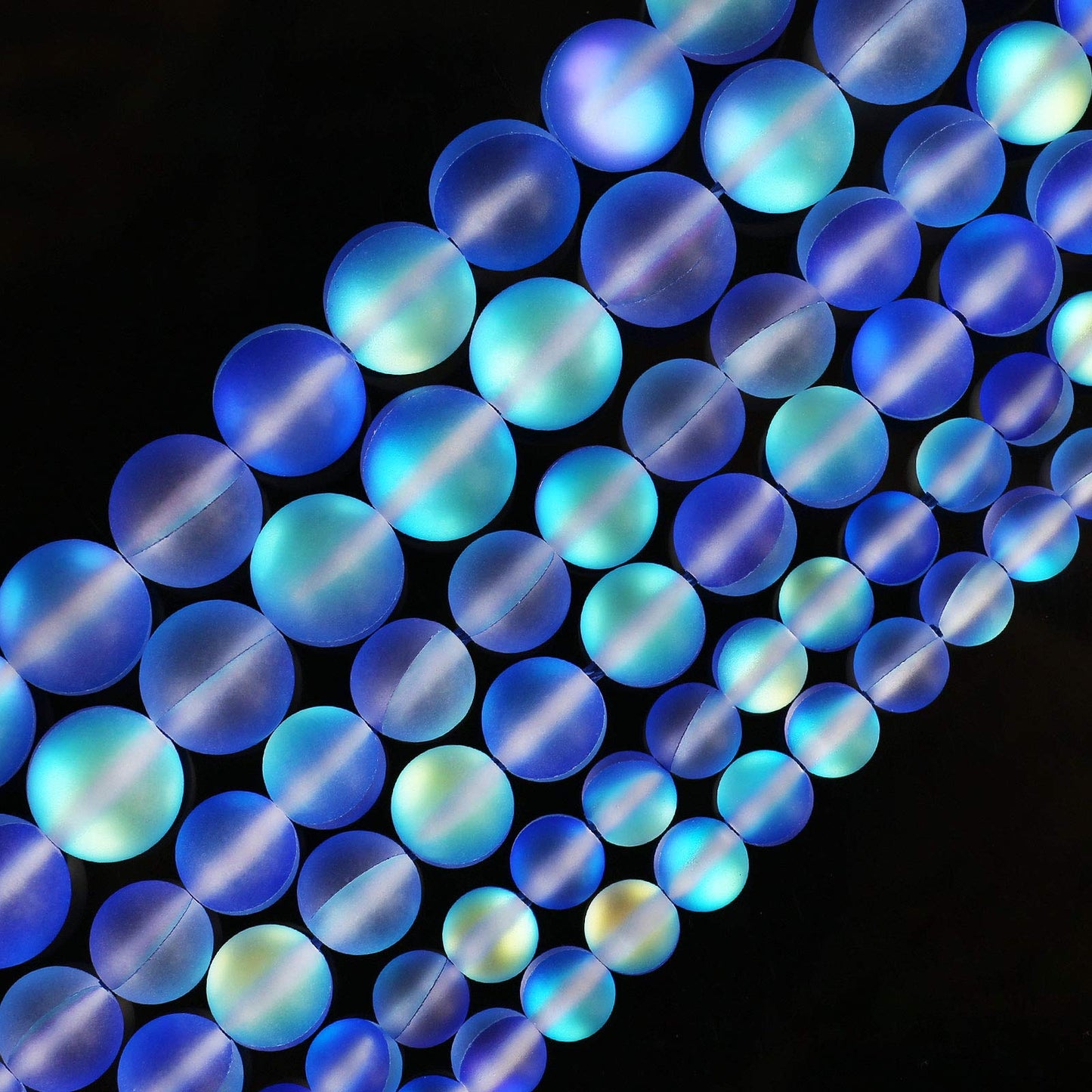Matte Blue Aurora Crystal Glass Beads, 6MM Frosted Glitter Shining Mermaid Round Loose Beads, Rainbow Holographic Synthetic Moonstone for Jewelry Making DIY Bracelet