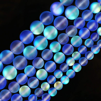 Matte Blue Aurora Crystal Glass Beads, 8MM Frosted Glitter Shining Mermaid Round Loose Beads, Rainbow Holographic Synthetic Moonstone for Jewelry Making DIY Bracelet