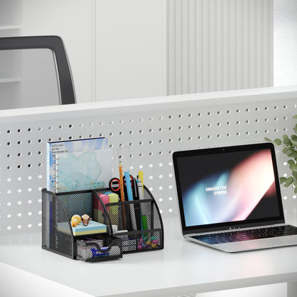 EasyPAG Mesh Desk Organizer with Drawer Multi-functional Pen Holder Stationery Organizer for Office School Supplies 6 Compartments Dorm Organizers and Storage for Desk, Black
