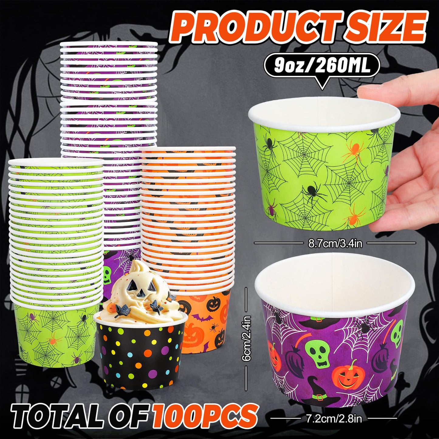 JarThenaAMCS 100 Pcs Halloween Snack Cups Pumpkin Skull Spider Web Dots Disposable Bowls 9oz Ice Cream Dessert Treat Paper Bowls for Hot Iced Food Birthday Trick or Treat Party Supplies