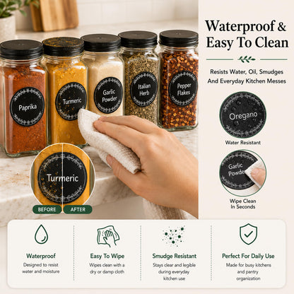 665 Spice Labels Book with A-Z Index, Black Round Pantry Stickers