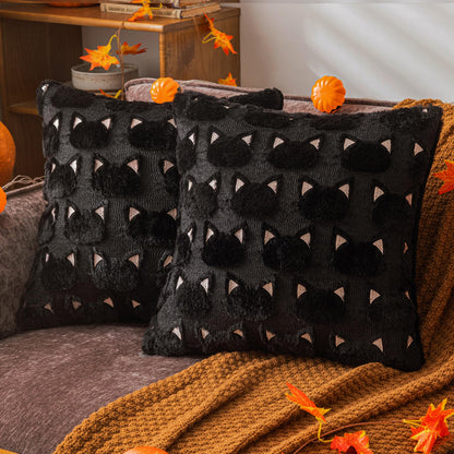 COSIBONO Halloween Black Cat Throw Pillow Covers 20x20 Inch Set of 2, Spooky Ghost Faux Fur Cushion Covers for Fall Decor, Soft Decorative Farmhouse Pillowcases for Sofa Bench Living Room (Pink)