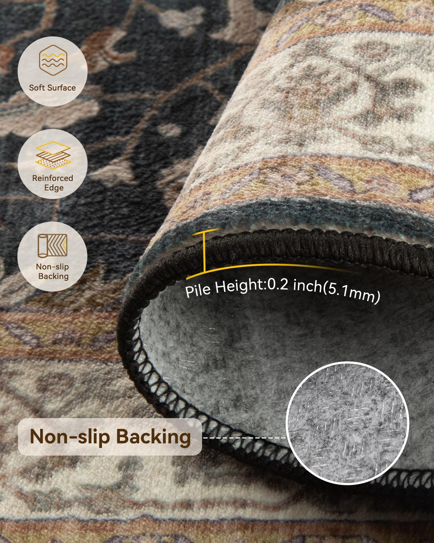 RELEANY Area Rugs 5'x7' Washable Vacuum-Friendly, Non-Slip, Floral Vintage Distress Print Pattern Medallion Carpet for Living Room Bedroom Vintage Black Beige Brown