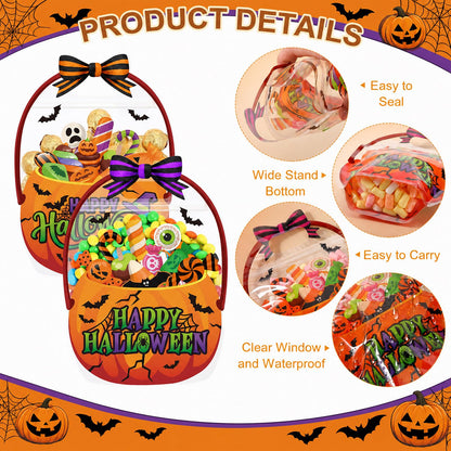 Fuutreo 50 Pcs Halloween Plastic Bags Clear Pumpkin Sealed Gift Pouches with Handles Resealable Scary Holiday Favor Bags for Halloween Holiday Party Candy Gift Wrapping Supplies Decoration