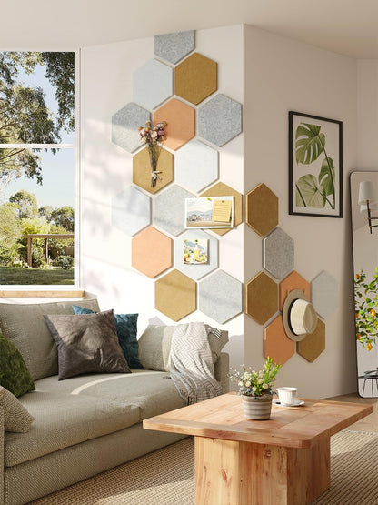 Uoisaiko 8 Pack Hexagon Felt Bulletin Board Tiles - 12" Large Thick Pin Board for Walls with 30 Push Pins, DIY Boards for Office Home School Decor, Aesthetic Hex Cork Board Alternative