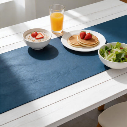 Double-Sided Faux Leather Table Runner, Blue & Black Reversible, Waterproof Heat Resistant Non-Slip Wipeable Oil-Proof Tablecloth, for Dining/Coffee/TV Stand/Dresser 13x72 inch