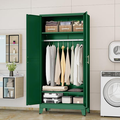 71 "Metal Armoire Wardrobe Closet, Steel Clothing Storage Cabinet with Adjustable Shelves and Hanging Rod, Household Steel Wardrobes Storage Cabinet with Adjustable standing feet (Wardrobe-Green)