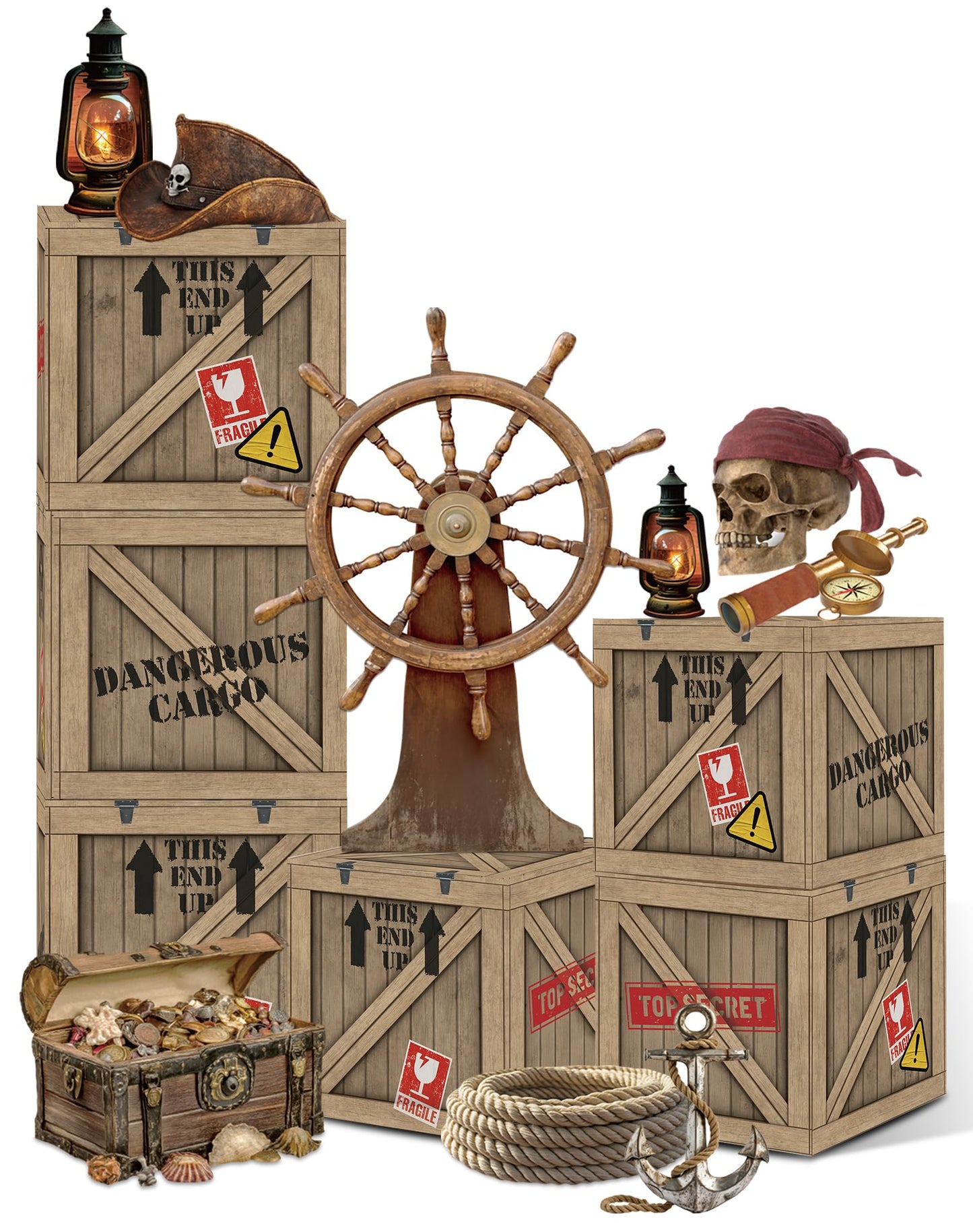 KARAQY Pirate Party Decorations – 10 Inch Imitation Wooden Boxes with Pirate Treasure Chest, Trunk or Treat Car Decor Kit for Birthday, Halloween, Adventure Party, Photo Booth Props