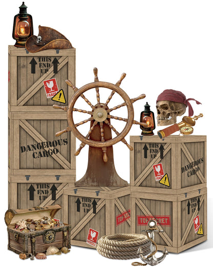 KARAQY Pirate Party Decorations – 10 Inch Imitation Wooden Boxes with Pirate Treasure Chest, Trunk or Treat Car Decor Kit for Birthday, Halloween, Adventure Party, Photo Booth Props